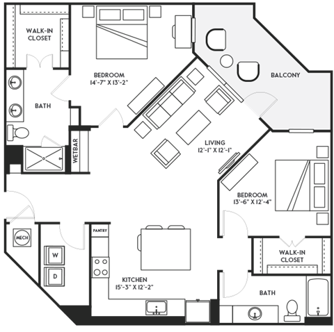 Floor plan for 2 beds, 2 baths, 1351 sqft